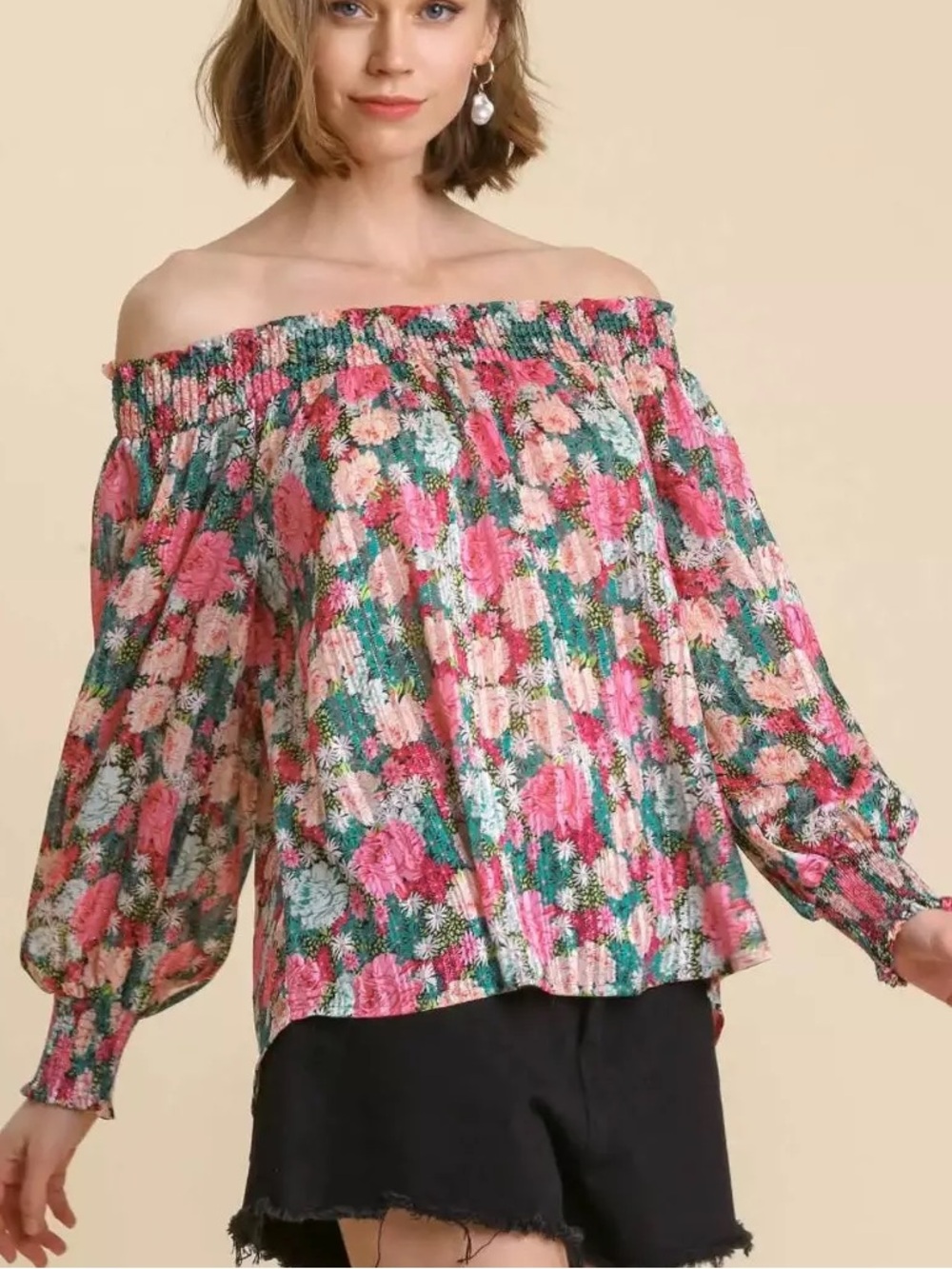 Umgee Floral Off-the-Shoulder Peasant Blouse Boho Cottagecore Size Medium